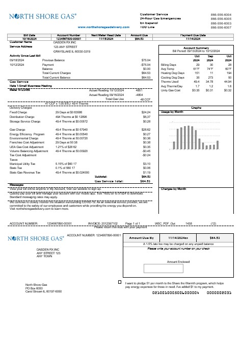 USA Illinois North Shore Gas business utility bill template in Word and PDF formats